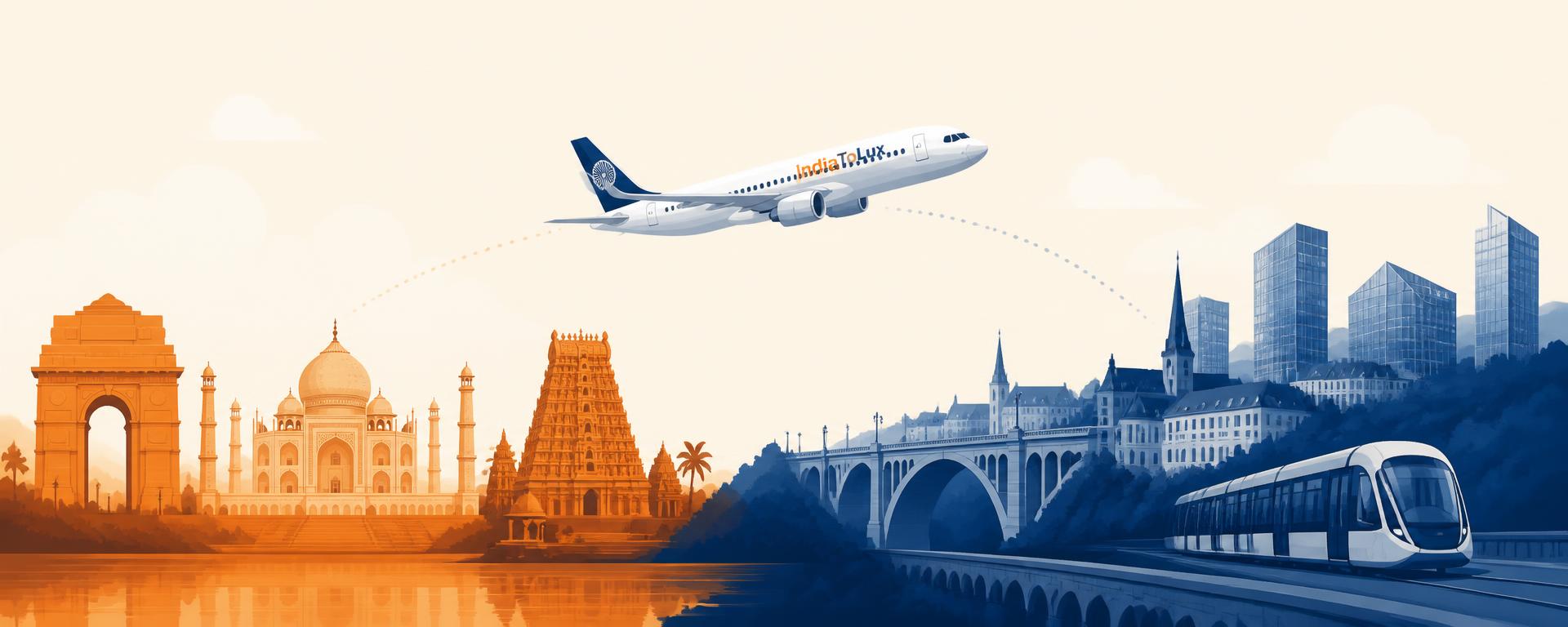 Illustration of the journey from India to Luxembourg: India Gate, Taj Mahal and a South Indian temple on the left, an IndiaToLux airplane in flight, and the Adolphe Bridge, Kirchberg towers and Luxtram on the right